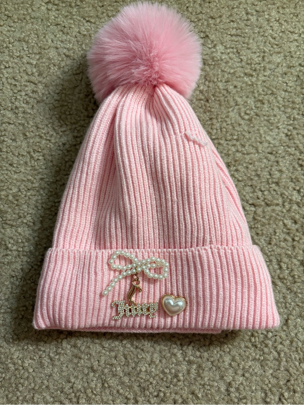 Juicy Couture Light Pink Pom-Pom Knit Beanie with Pearl Bow & Heart Charm